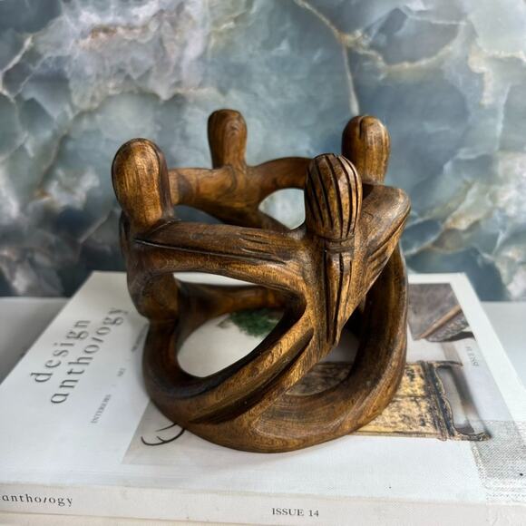 Abstract Handcarved Candle Holder Wooden Circle of Friends 5" Tall - Picture 1 of 12